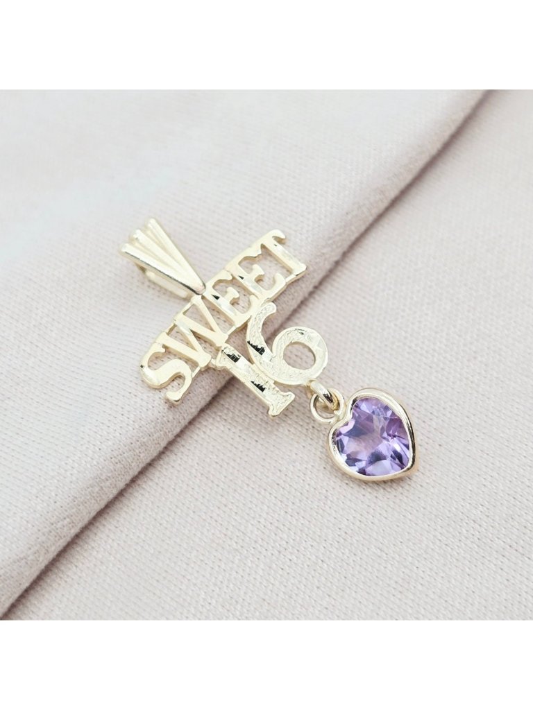 Unique 14k Solid Yellow Gold Designer Initial "Sweet 16" Amethyst Charm Pendant